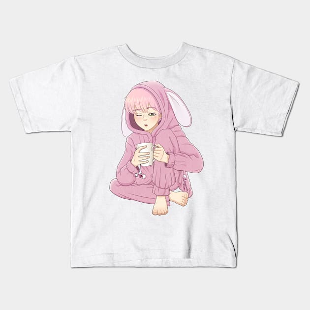 Pink haired boy in a pink bunny pajamas Kids T-Shirt by Zoryan Kvit